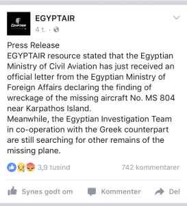 Pressemeddelelse fra Egyptair udsendt den 19. maj kl. 19:10.