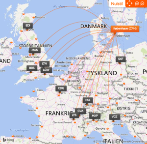 EasyJets rutekort fra Københavns Lufthavn.