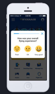 Via Ryanairs mobil app kan man vurdere flyvningen, når den er afsluttet.