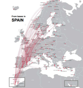 Norwegian flyver til Vesteuropa og Skandinavien fra syv spanske baser. (Grafik: Norwegian)